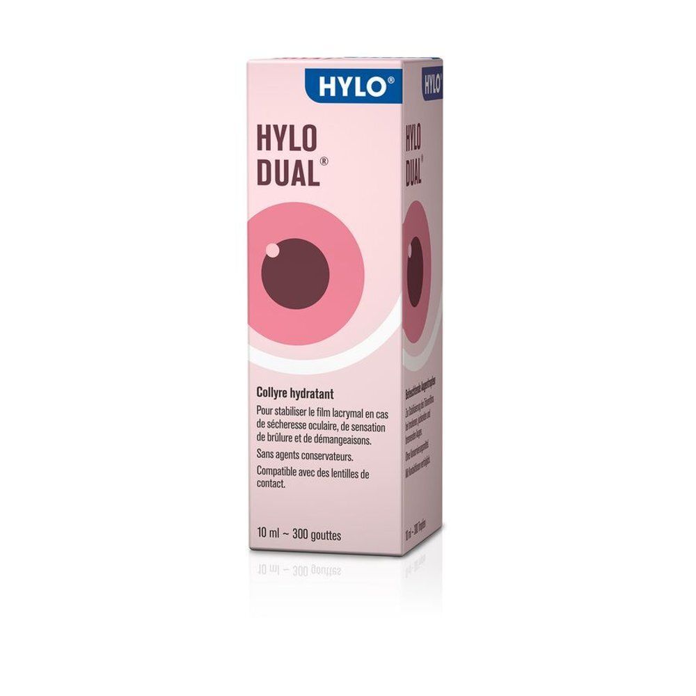 Boîte de gouttes oculaires Hylo-Dual, texte français.