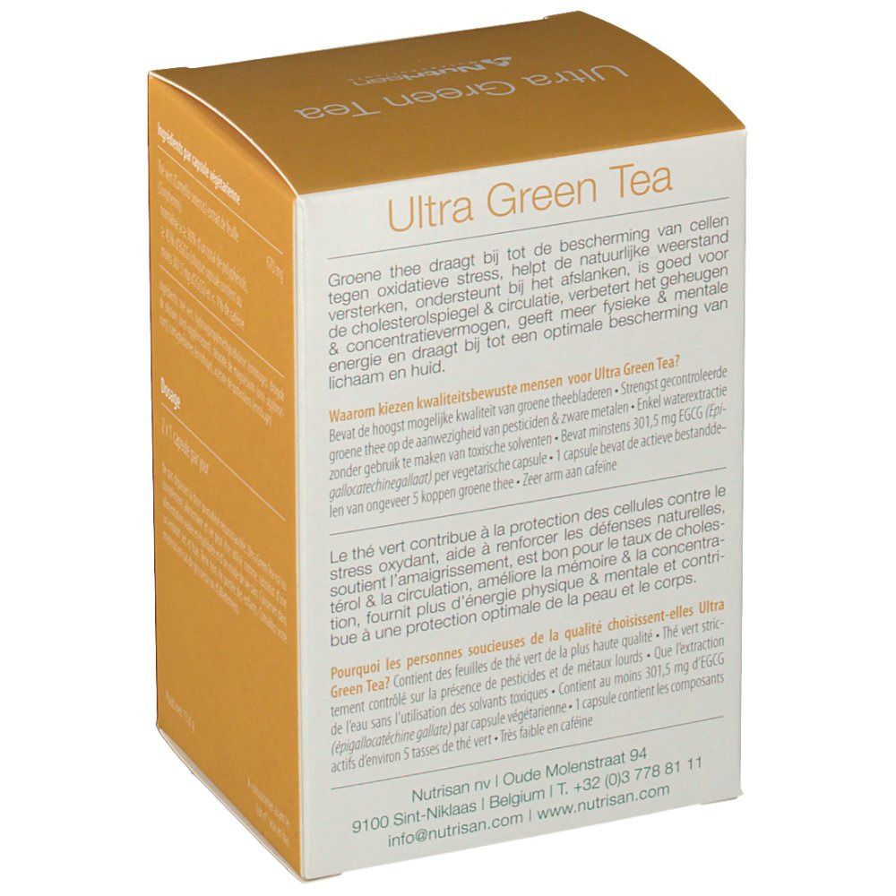 Kartonverpackung von Nutrisan Ultra Green Tea. Text in Niederländisch und Französisch. Goldfarbener Hintergrund.