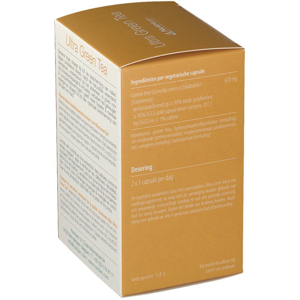 Kartonverpackung von Nutrisan Ultra Green Tea. Text in Niederländisch. Goldfarbener Hintergrund.