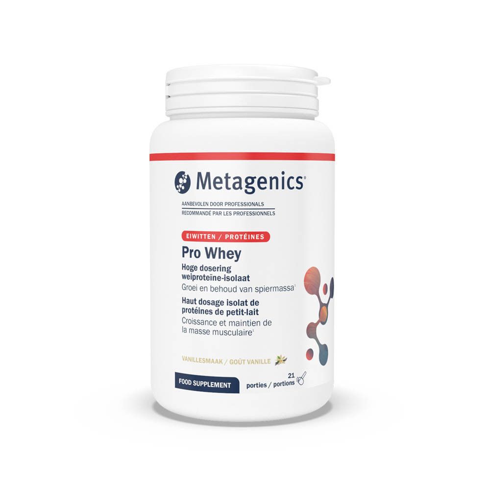 Weißer Pro Whey-Behälter von Metagenics. Aufschrift: Pro Whey, Molkenproteinisolat, Vanille-Geschmack. 21 Portionen.