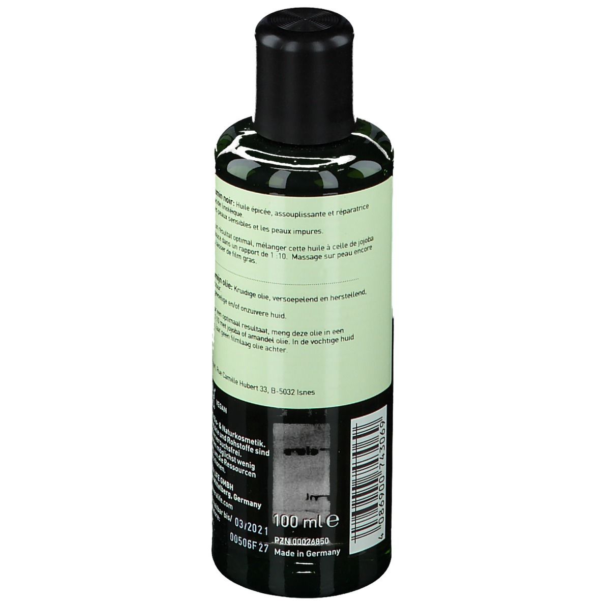 Grüne Flasche mit schwarzem Verschluss. Produktetikett mit Text. 100 ml.