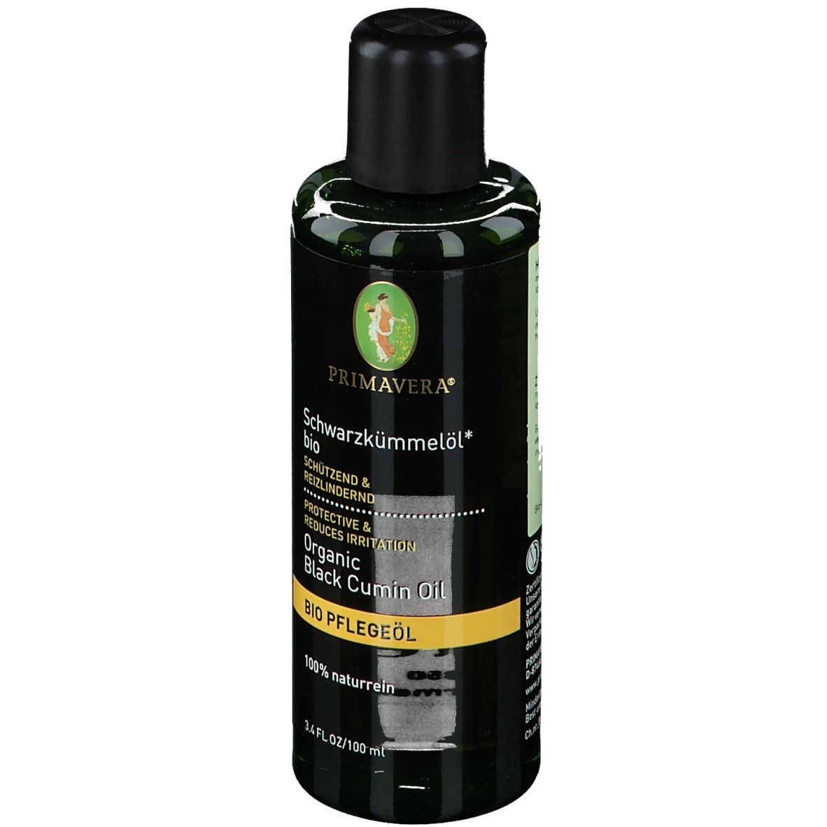 Grüne Flasche mit schwarzem Verschluss. Produktetikett mit Logo und Text: Schwarzkümmelöl bio.