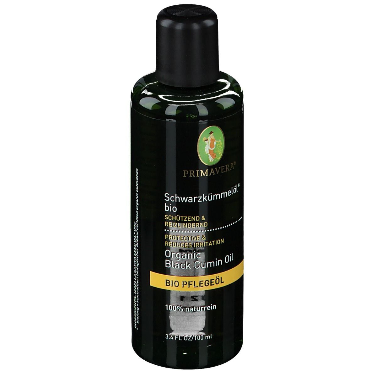 Grüne Flasche mit schwarzem Verschluss. Produktetikett mit Logo und Text: Schwarzkümmelöl bio.