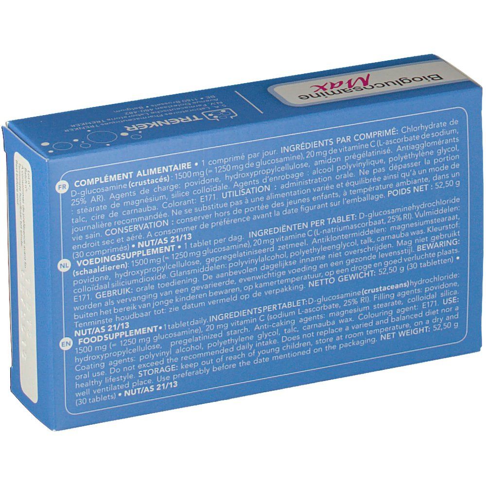 Rückseite der "Bioglucosamine Max"-Schachtel. Enthält Informationen zu Inhaltsstoffen und Anwendung. Text in mehreren Sprachen.