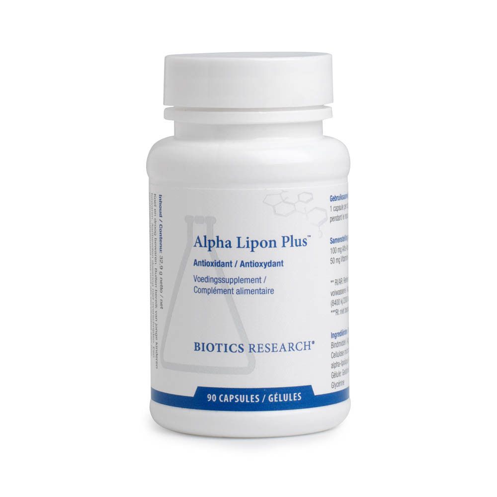 Weiße Flasche mit Schraubverschluss. Aufschrift: Alpha Lipon Plus, Biotics Research. 90 Kapseln. Text in mehreren Sprachen.