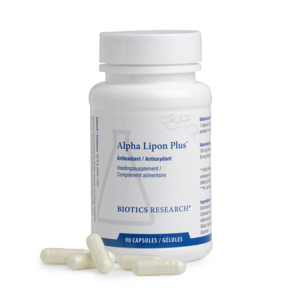Flacon blanc avec bouchon à vis. Inscription: Alpha Lipon Plus, Biotics Research. 90 gélules. Quelques gélules à côté.