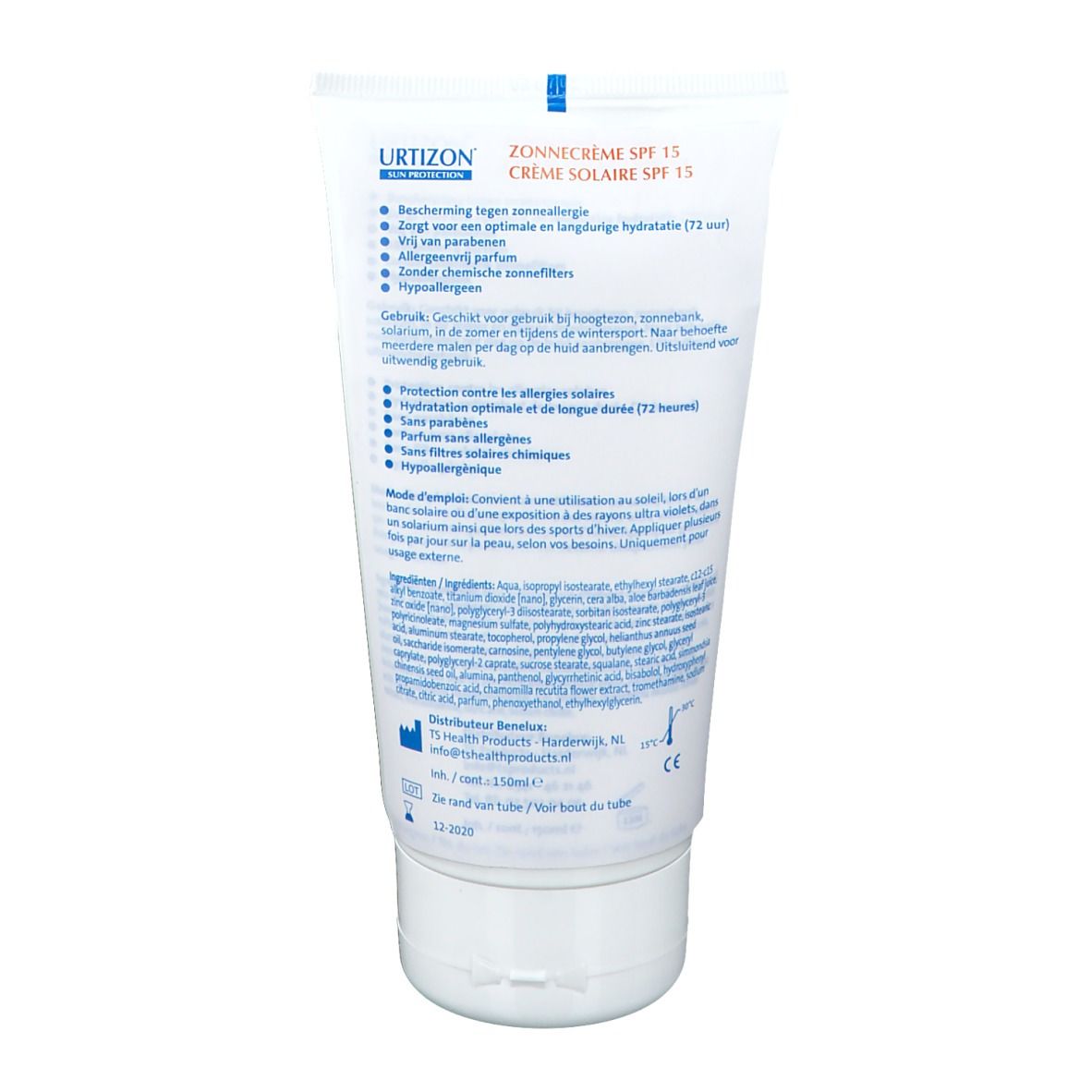 Dos du tube de crème solaire Urtizon. Texte en allemand, français et néerlandais. Contient des informations sur les ingrédients et l'utilisation.