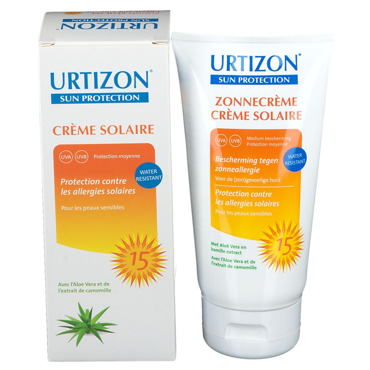 Urtizon crème solaire SPF15, tube et boîte. Les deux affichent le nom du produit, SPF15 et du texte en allemand, français et néerlandais.