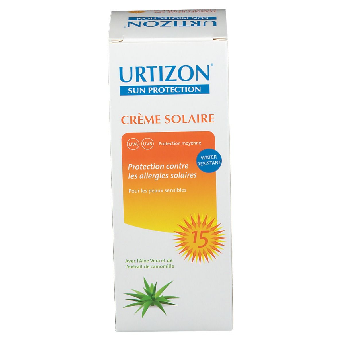 Boîte de crème solaire Urtizon. Affiche le nom du produit, SPF15 et du texte en allemand, français et néerlandais. Emballage blanc.