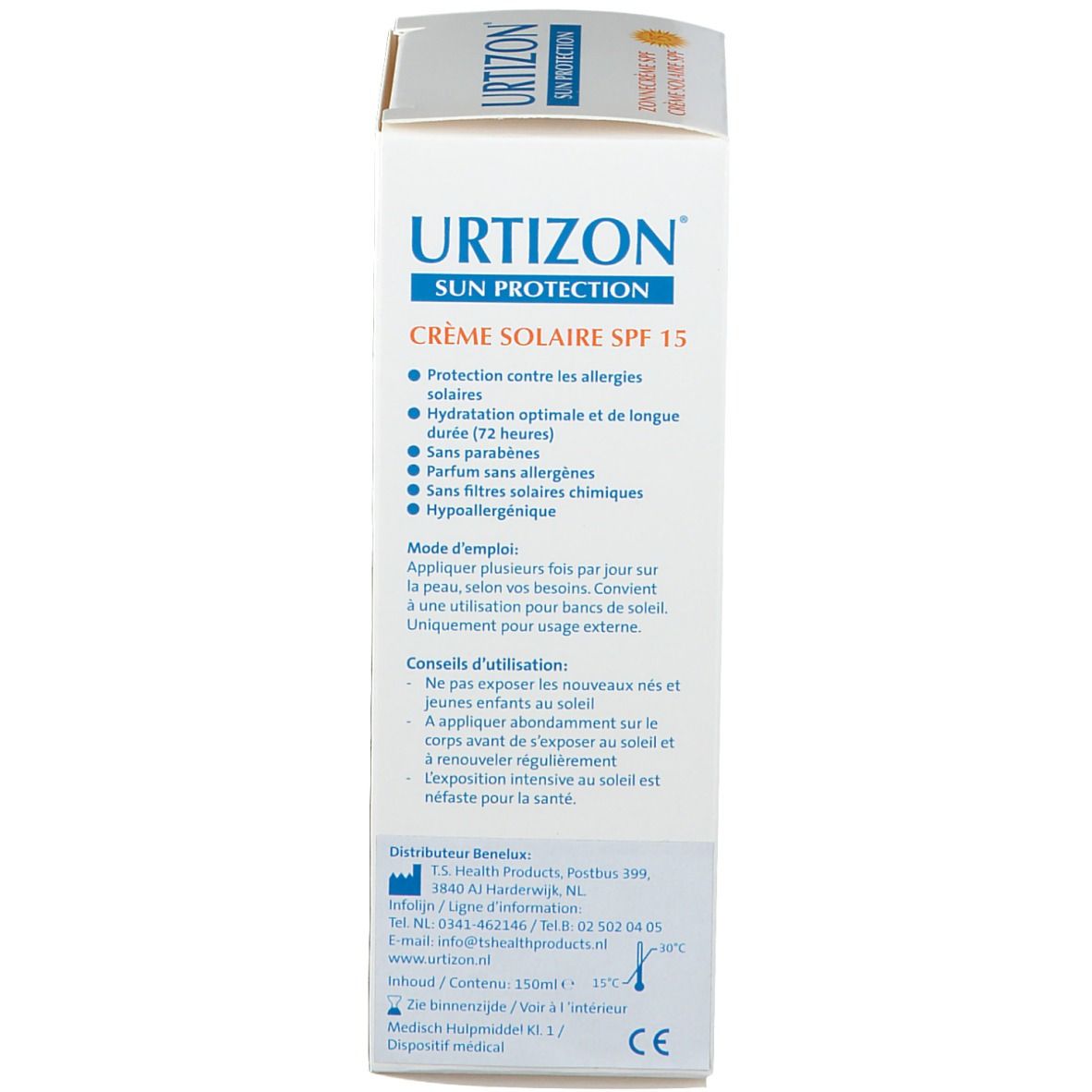 Dos de la boîte de crème solaire Urtizon. Texte en allemand, français et néerlandais. Contient des informations sur les ingrédients et l'utilisation.