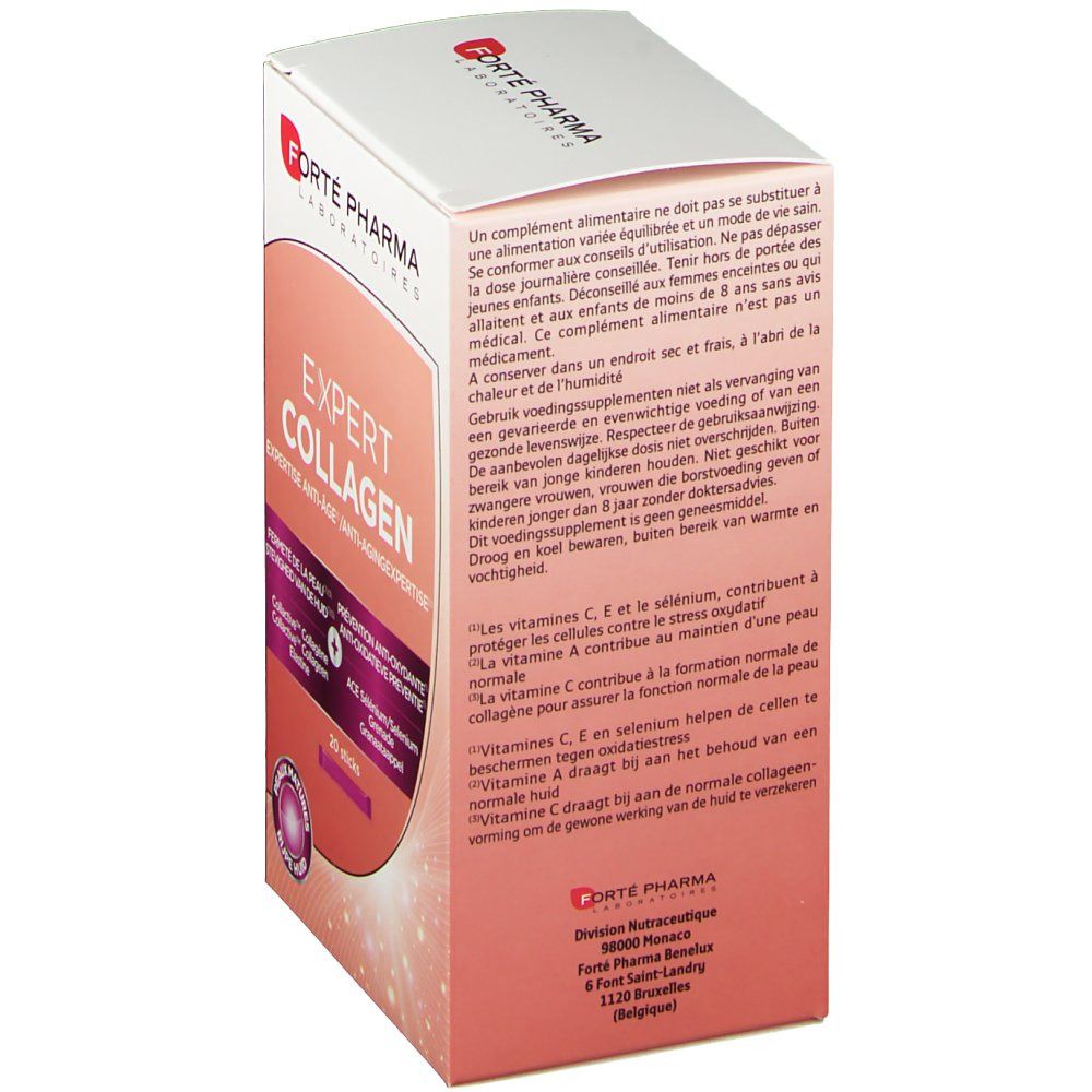 Kartonverpackung von Forté Pharma Expert Collagène. Rosa-weißes Design mit Produktnamen und Logo. Text in Französisch und Niederländisch.