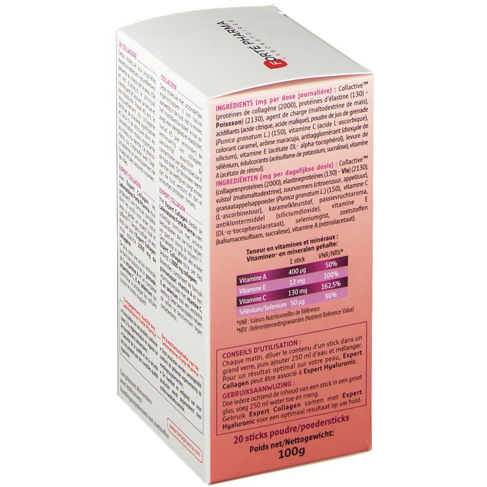 Seite der Verpackung von Forté Pharma Expert Collagène. Auflistung der Inhaltsstoffe und Nährwertangaben. Text in Französisch und Niederländisch.