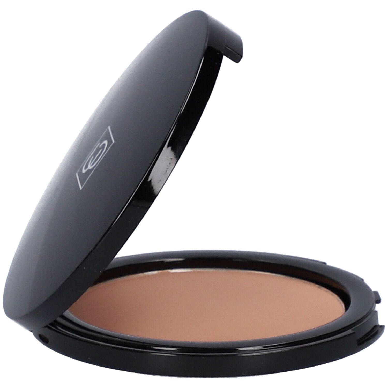 Geöffnete, runde Bronzepuder-Palette. Schwarzer Rahmen, hellbraunes Puder. Deckel mit Logo.