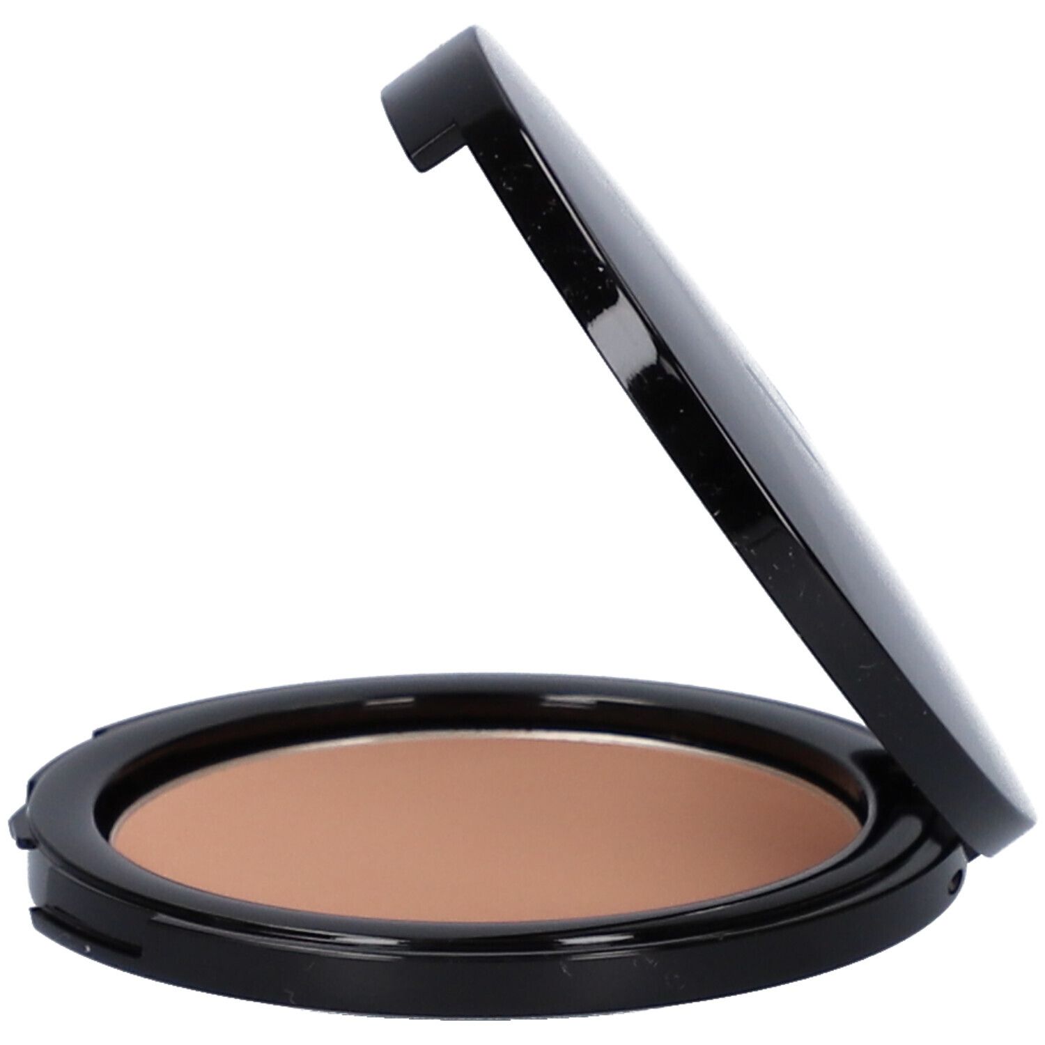 Geöffnete, runde Bronzepuder-Palette. Schwarzer Rahmen, hellbraunes Puder.