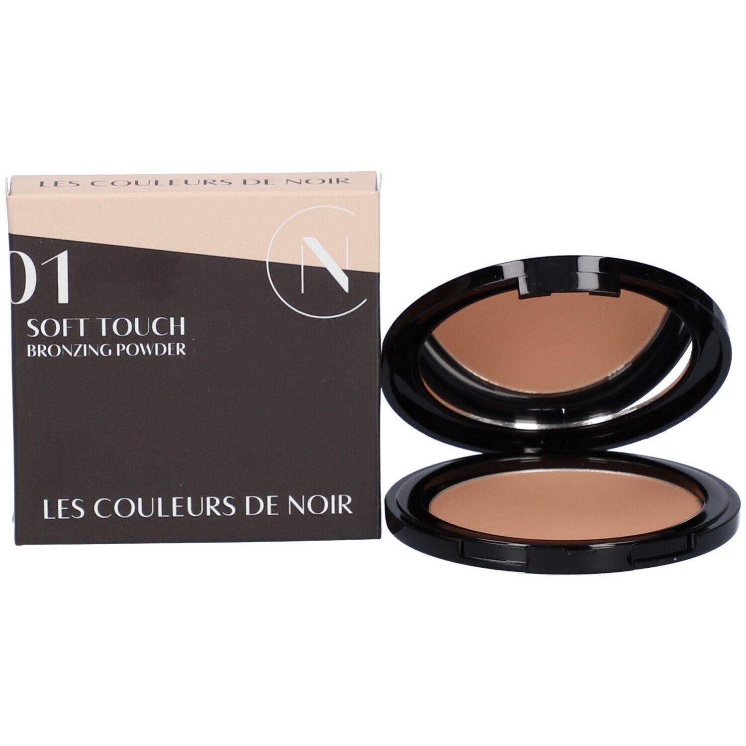 Bronzepuder-Palette und Verpackung. Schwarze Palette, hellbraunes Puder. Karton mit Text.