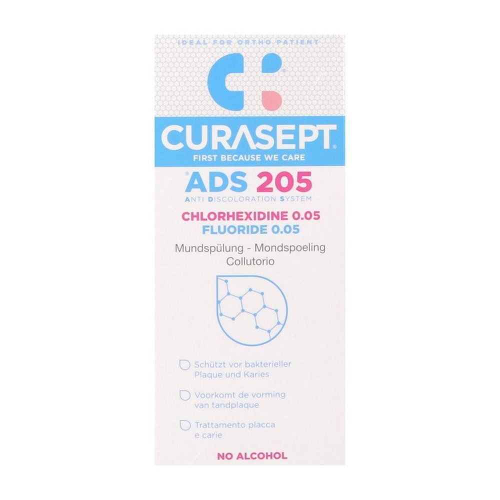 Avant d'un flacon de bain de bouche CURASEPT ADS 205 avec étiquette et symbole de loupe.