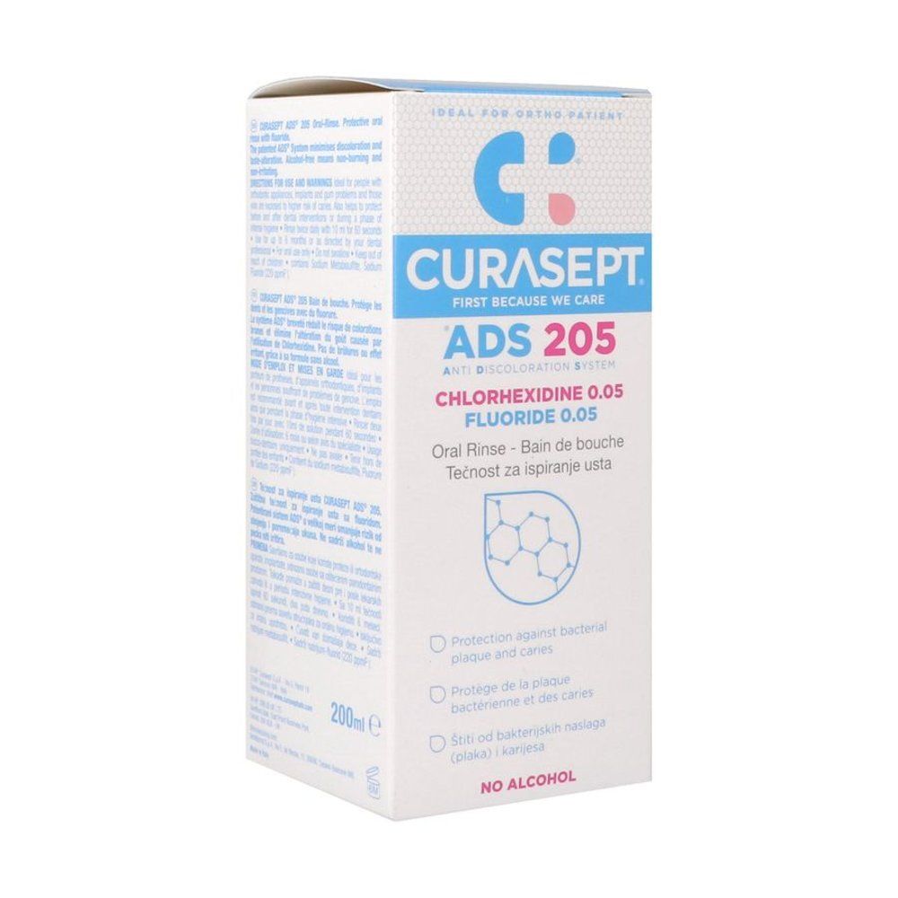 Bouteille de bain de bouche CURASEPT ADS 205 et sa boîte côte à côte.