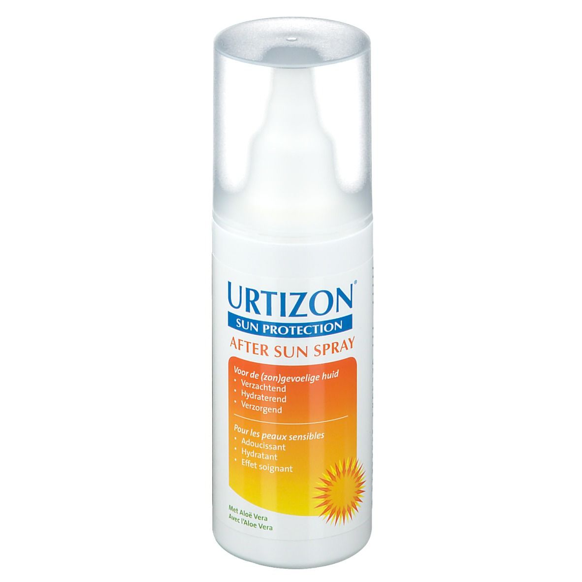 Utrizon After Sun Spray. Flacon blanc avec vaporisateur. Étiquette orange avec texte. Bouchon transparent. Motif soleil.