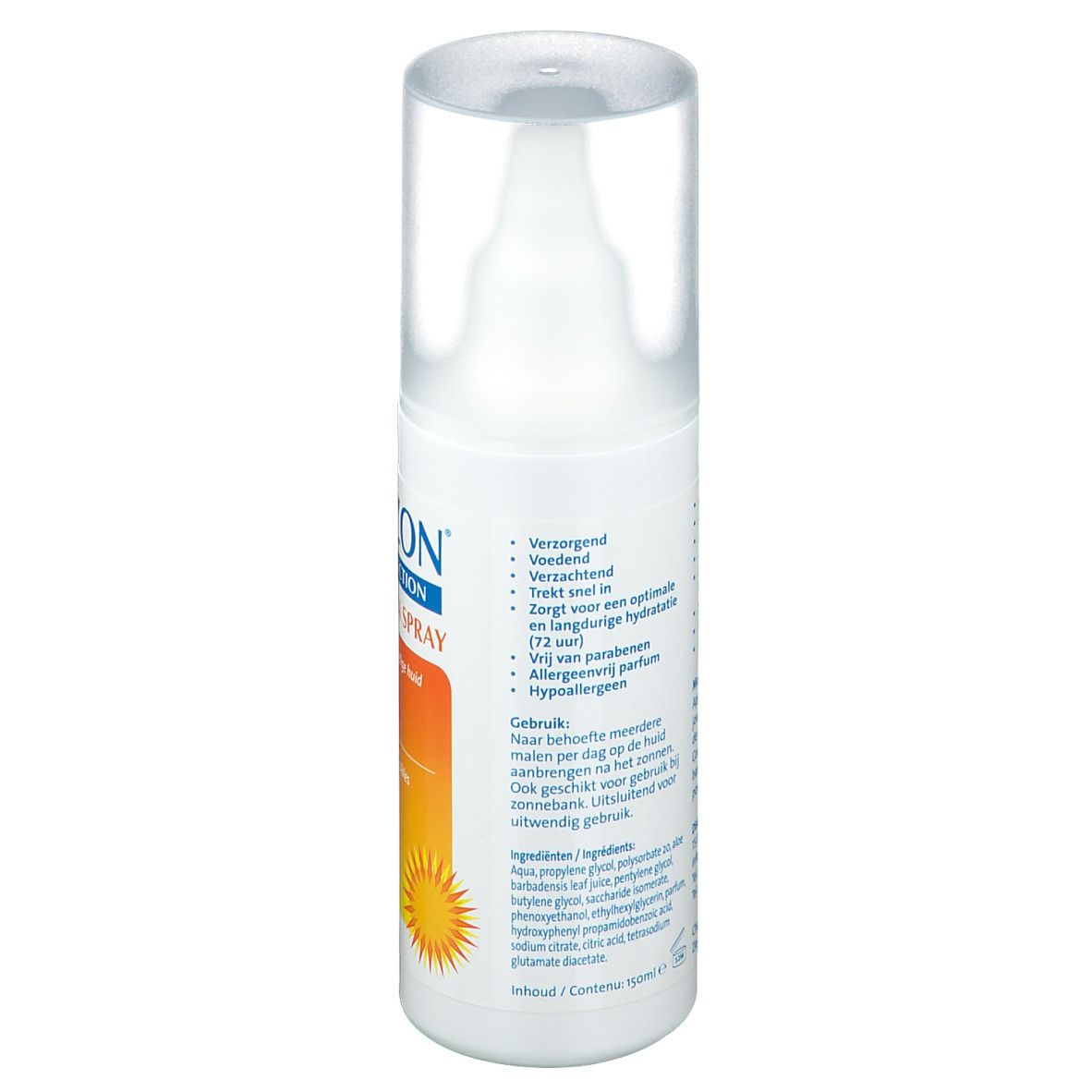 Utrizon After Sun Spray. Dos du flacon blanc avec texte. Vaporisateur transparent. Ingrédients et instructions d'utilisation.