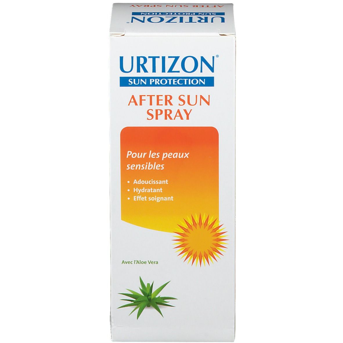 Emballage Utrizon After Sun Spray. Carton blanc avec design orange. Motif soleil et texte. Aloe Vera.
