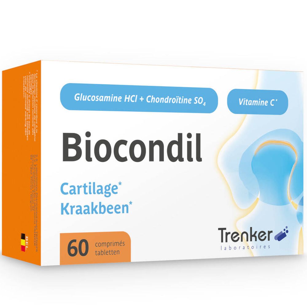 Schachtel mit "Biocondil"-Tabletten. Enthält Glucosamin, Chondroitin und Vitamin C. 60 Tabletten. Marke: Trenker.