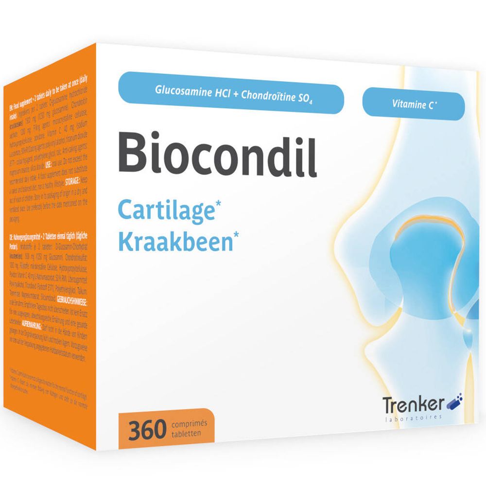 Boîte de Biocondil. Contient 360 comprimés. Inscription : Glucosamine HCl + Chondroïtine SO₄, Vitamine C.