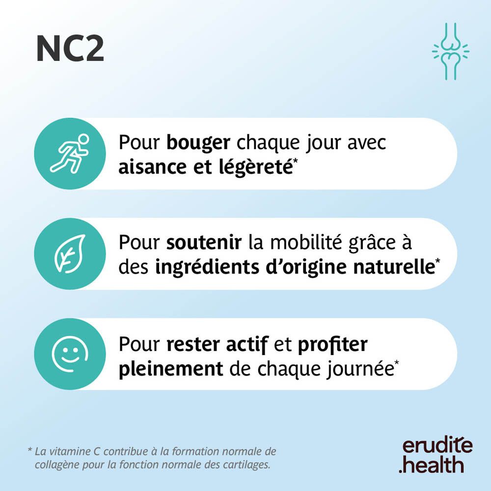 Dos de la boîte NC2 Cartilage avec ingrédients détaillés et instructions d'utilisation.
