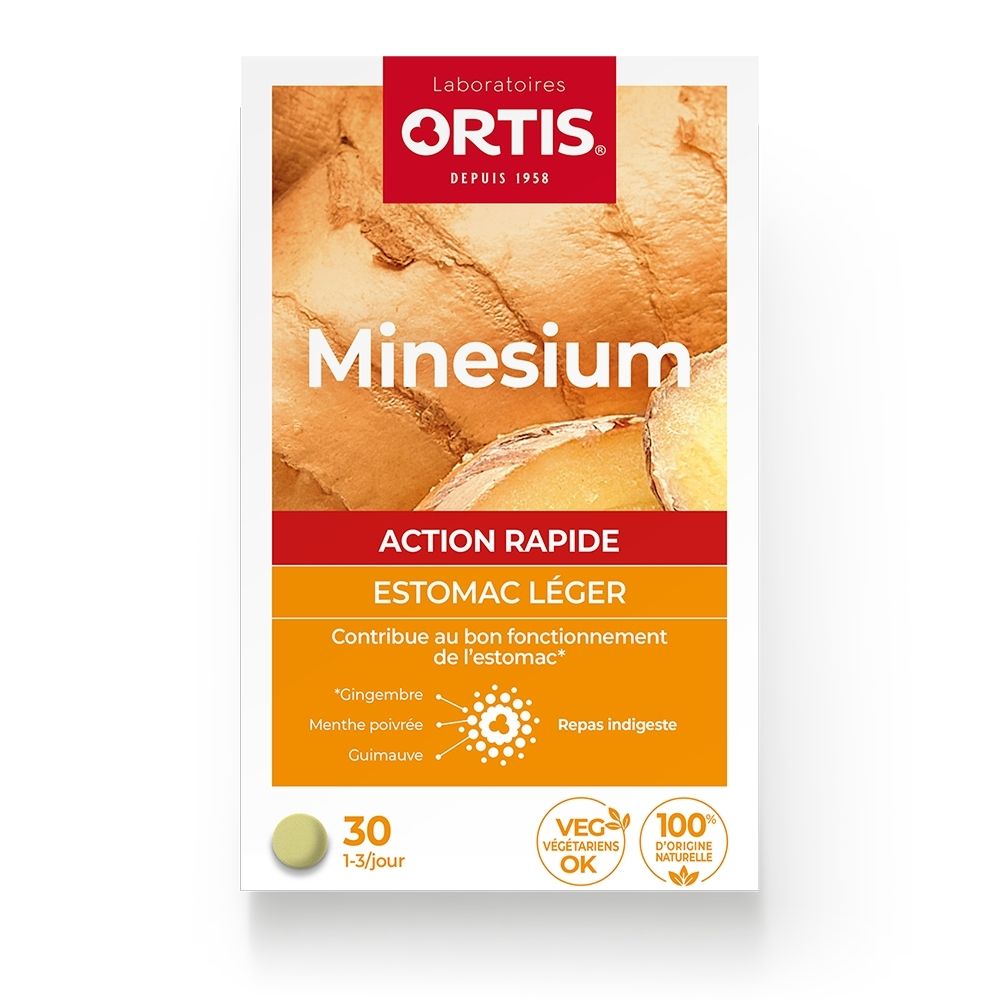 Boîte Ortis Minesium de 30 comprimés, avec image de gingembre.