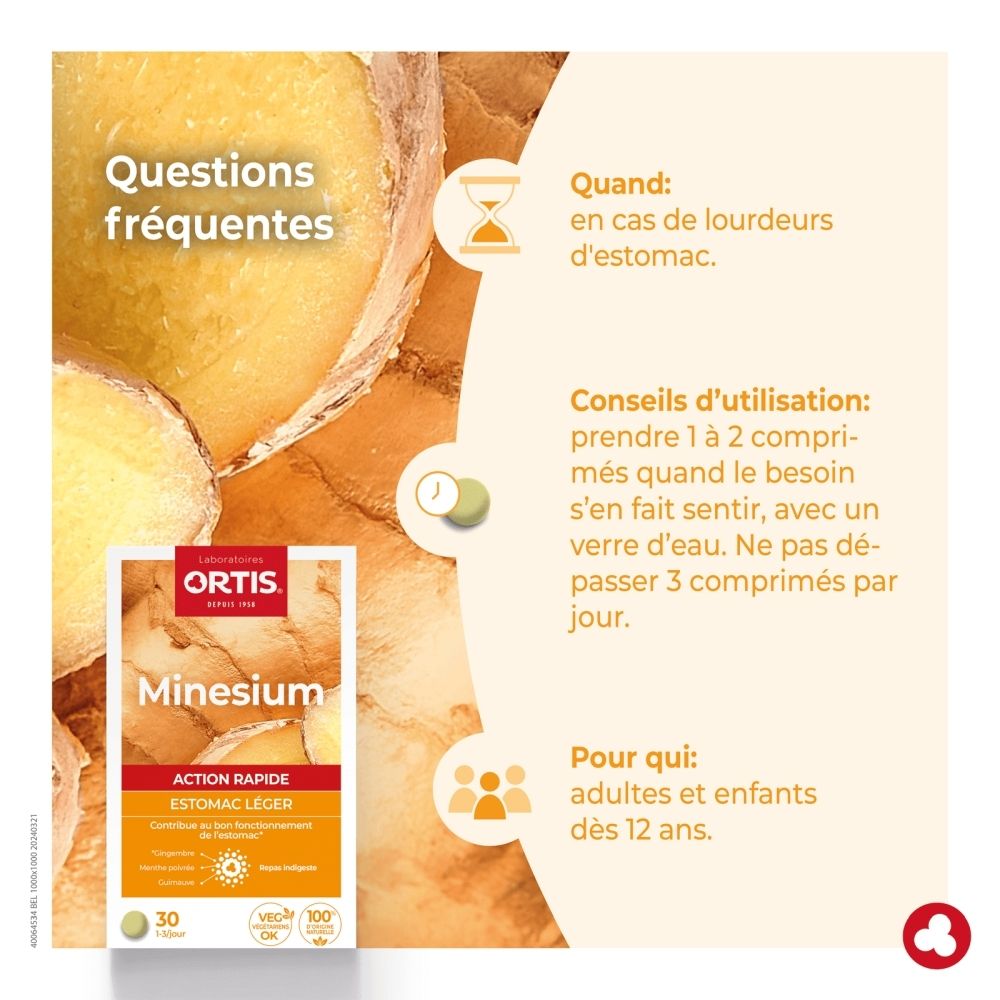Boîte Ortis Minesium de 30 comprimés, avec image de gingembre.