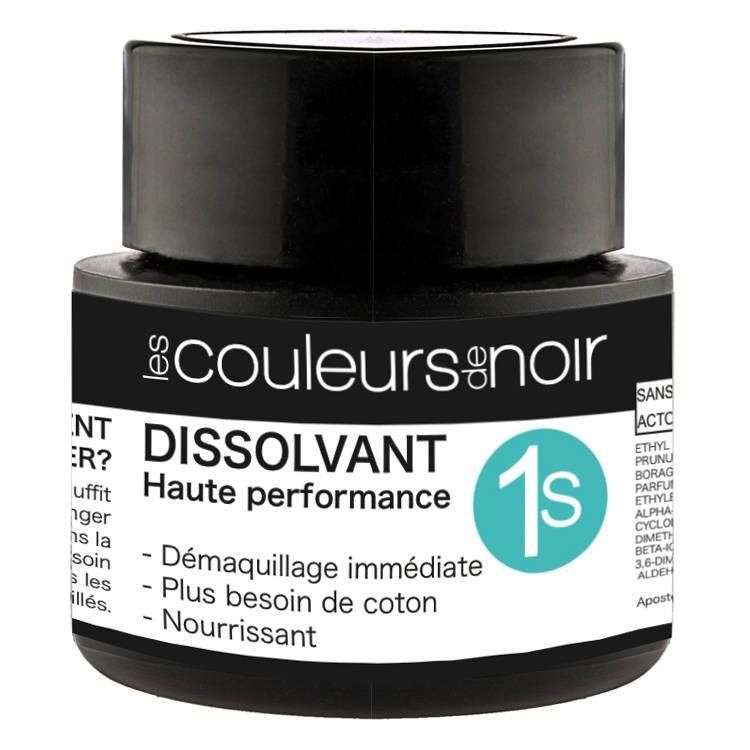 Schwarzes Tiegel mit Aufschrift Les Couleurs de Noir. Produktname: Dissolvant. Text: Haute performance, 1s.