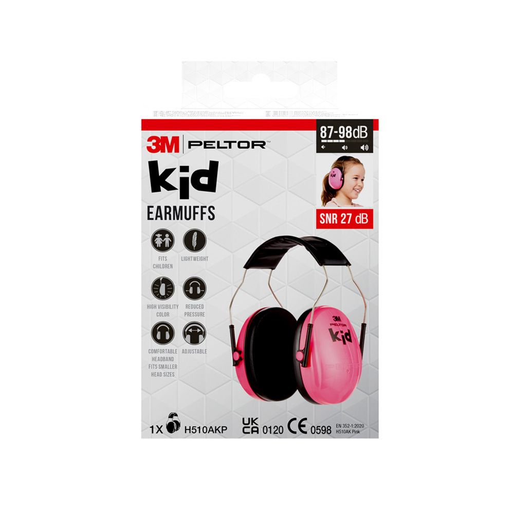 Casque antibruit rose fluo pour enfants. Bandeau et coussinets noirs. Logos 3M et Kid.