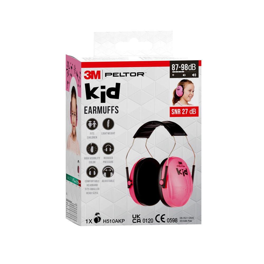 Emballage avec casque antibruit. Enfant avec cache-oreilles roses. 3M Peltor Kid. Infos.