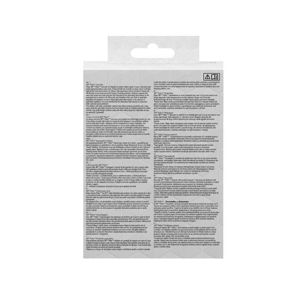 Rückseite der Verpackung für 3M Peltor Kid Gehörschutz. Text in mehreren Sprachen.