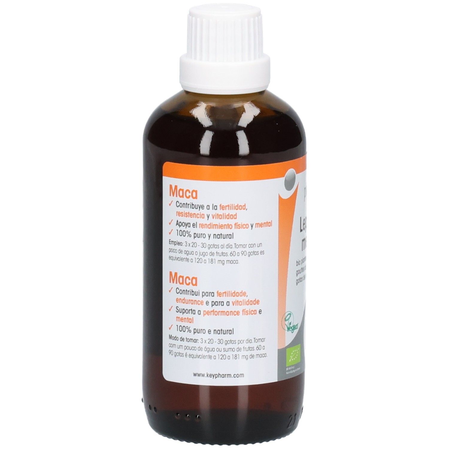 Braune Glasflasche mit weißem Deckel. Etikett mit Produktinformationen, Inhaltsstoffen und Logo. Vegan-Zertifizierung.