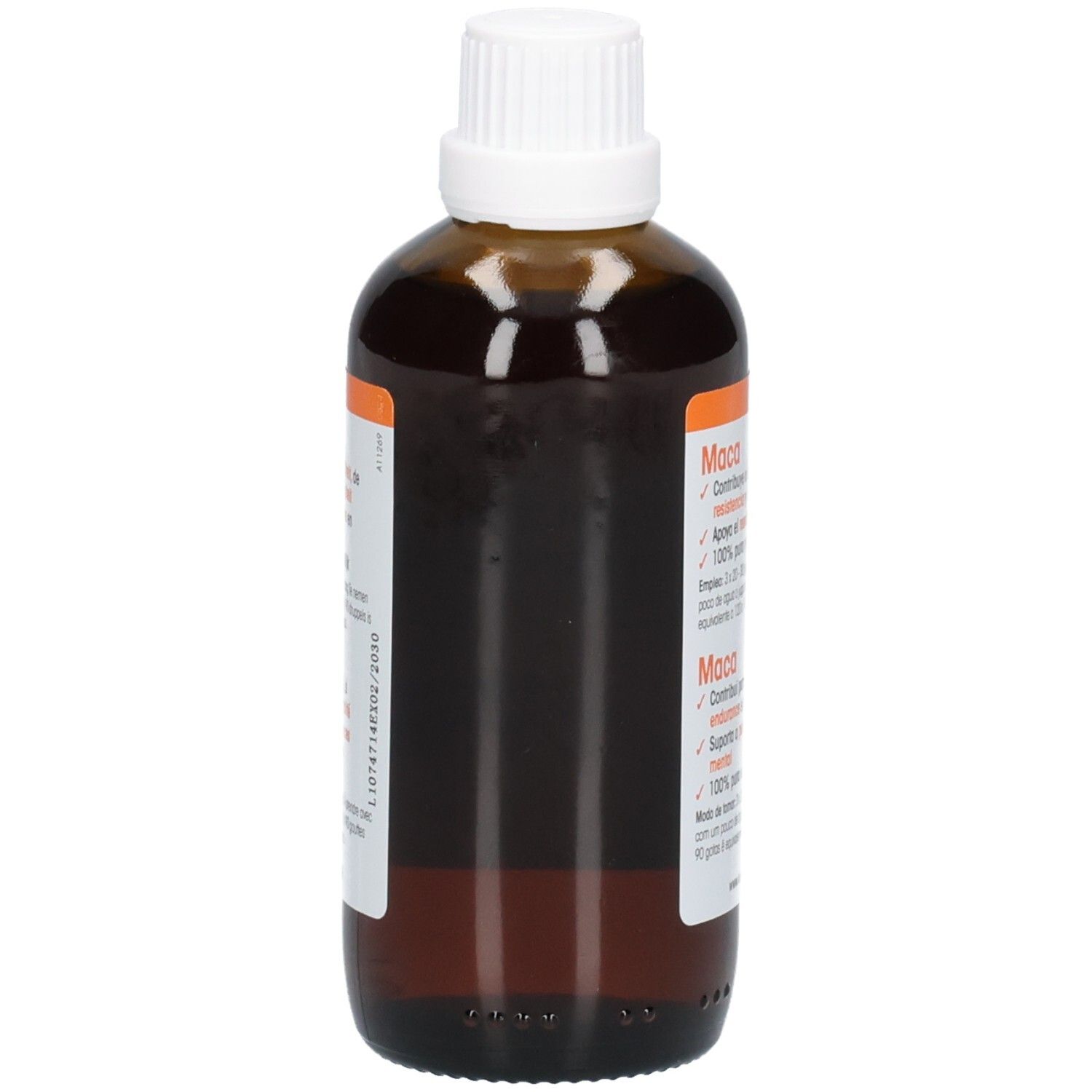 Braune Glasflasche mit weißem Deckel. Etikett mit Produktinformationen und Logo. Vegan-Zertifizierung.