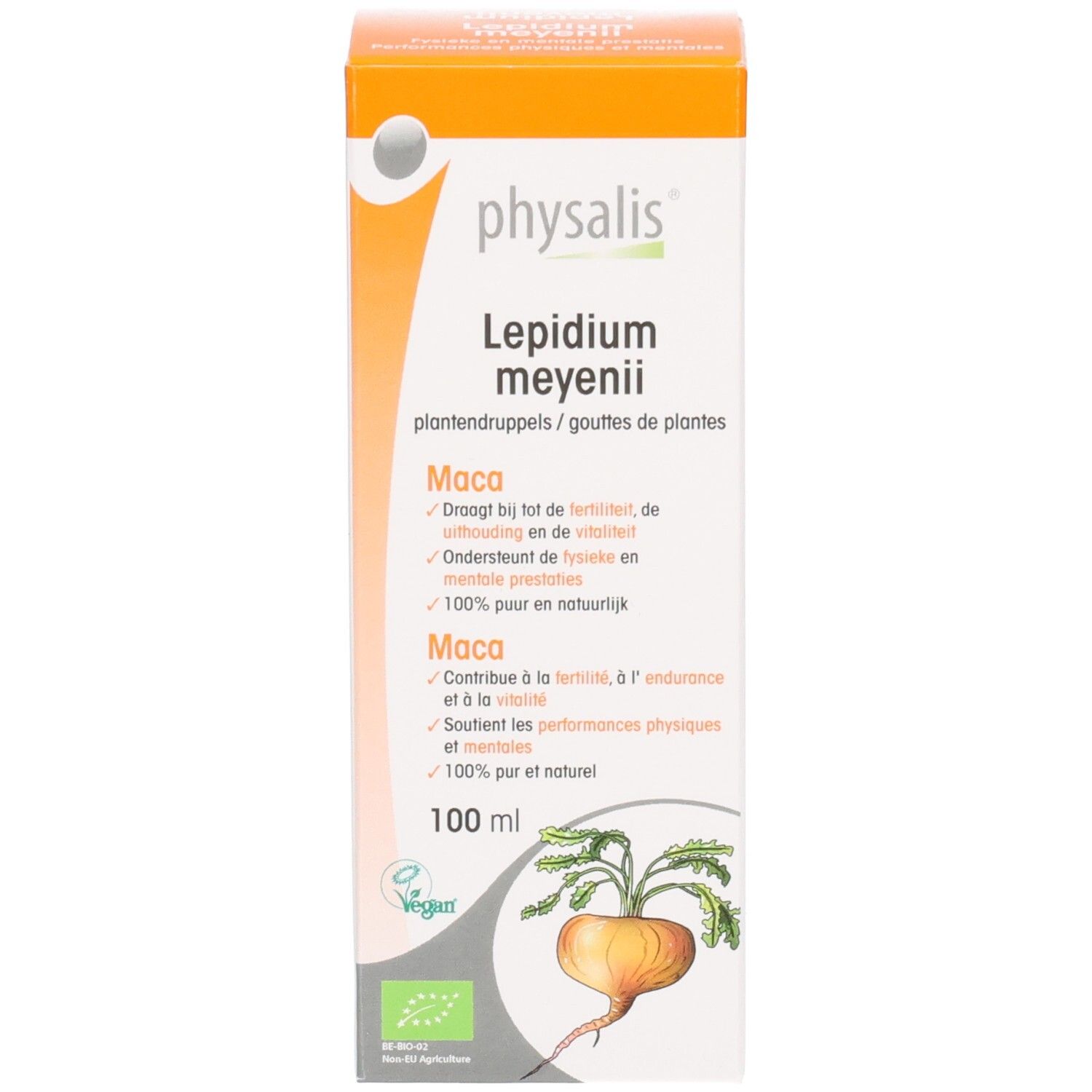Produktverpackung. Karton mit Produktnamen, Logo und Illustration. Bio- und Vegan-Zertifizierung.