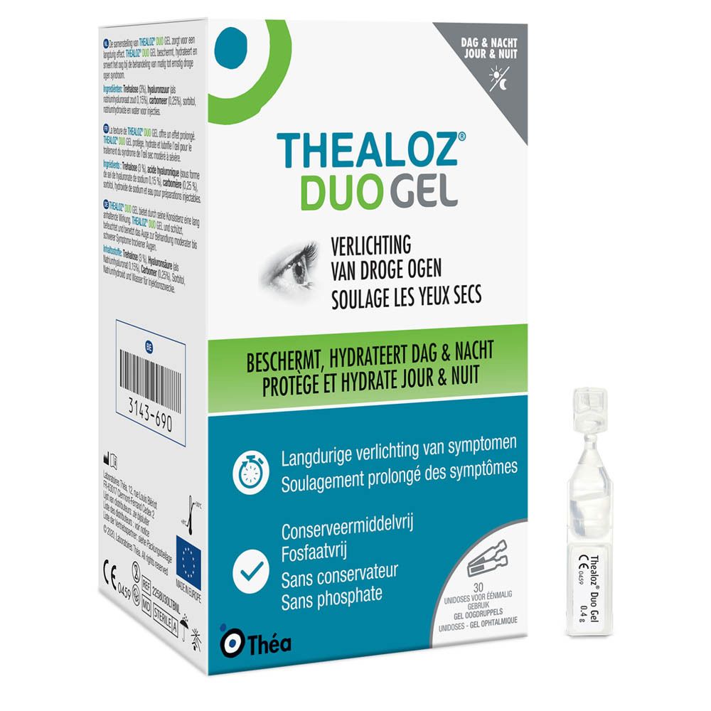 Boîte Thealoz Duo Gel avec une ampoule. Carton blanc avec accents verts et bleus. 30 ampoules.