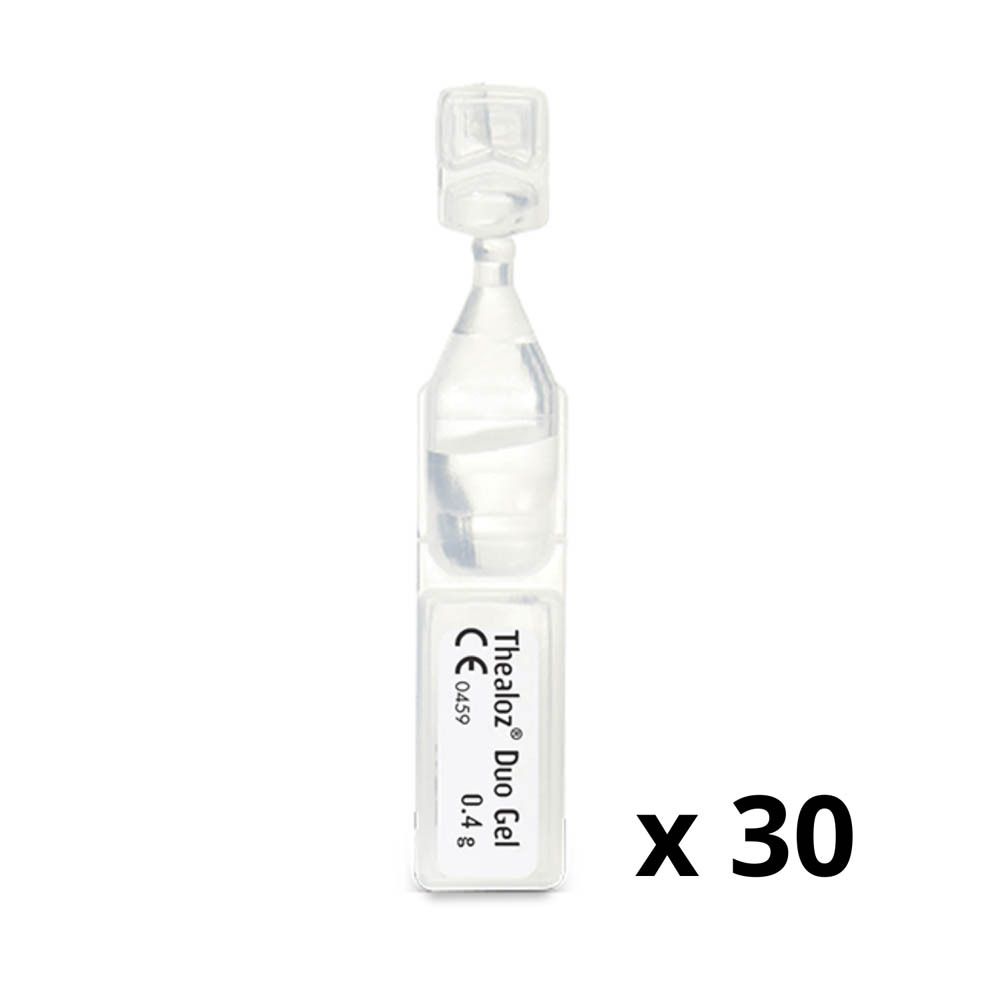 Gros plan d'une ampoule Thealoz Duo Gel. Ampoule transparente avec étiquette blanche. Texte: 0,4 g.