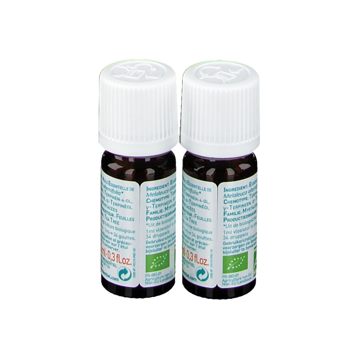 Zwei Flaschen mit weißem Deckel. Aufschrift: Inhaltsstoffe, Bio-Zertifizierung, 0,3 fl.oz.