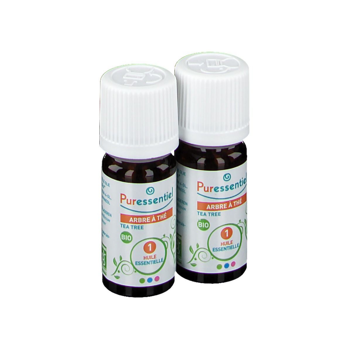 Zwei Flaschen mit weißem Deckel. Aufschrift: Puressentiel, Arbre à thé, Bio, Huile essentielle.