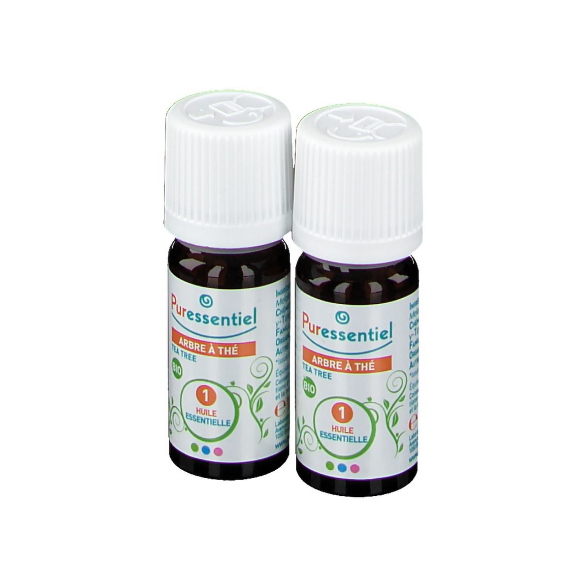 Zwei Flaschen mit weißem Deckel. Aufschrift: Puressentiel, Arbre à thé, Bio, Huile essentielle.