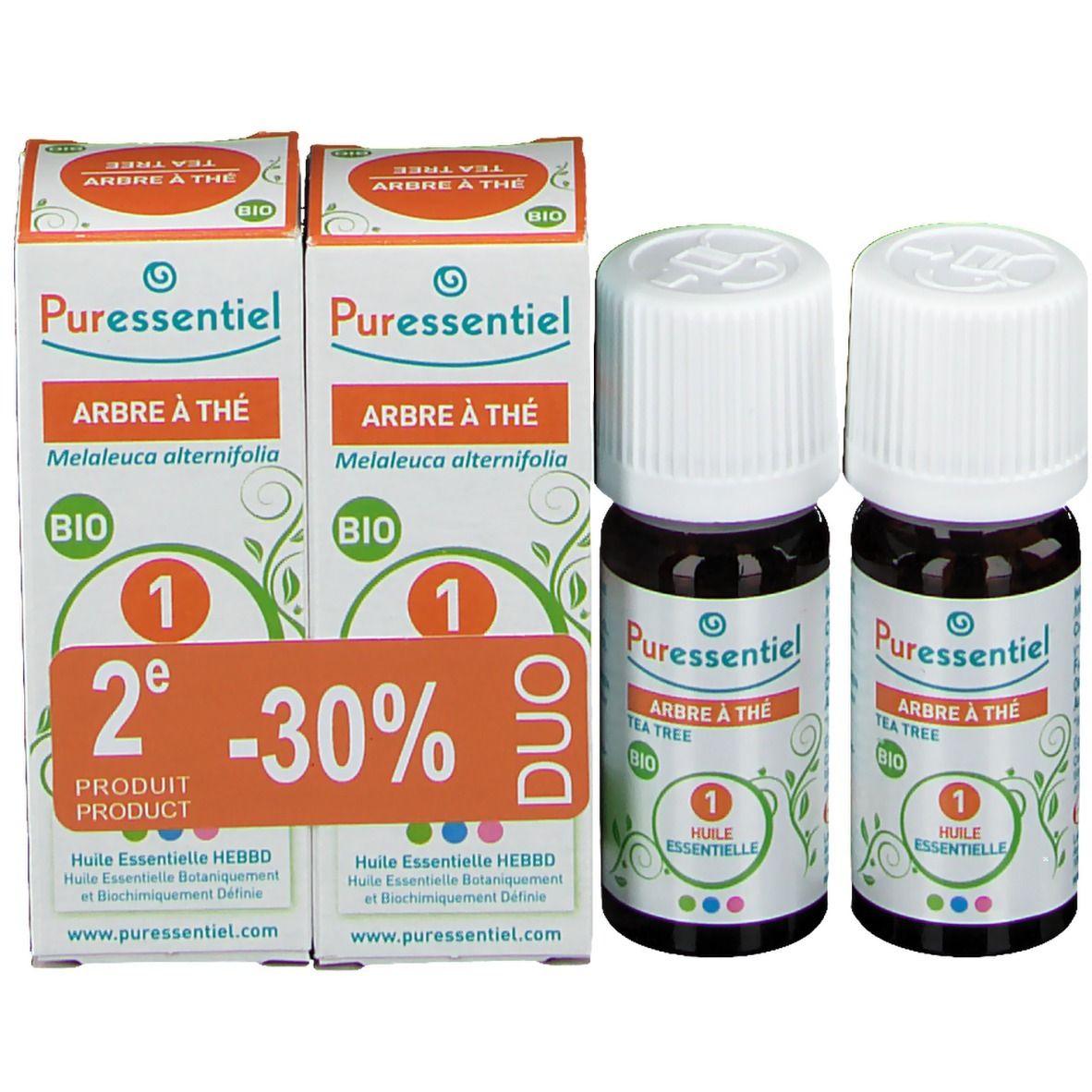 Zwei Flaschen und zwei Schachteln. Aufschrift: Puressentiel, Arbre à thé, Bio, Duo, 2. Produkt -30%.