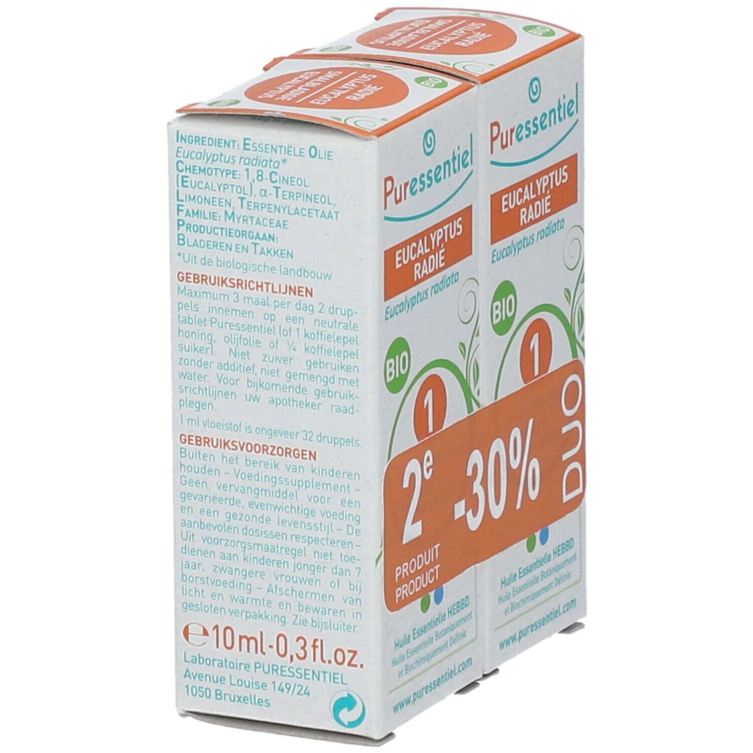 Zwei Kartons Puressentiel Bio Eukalyptus. Auf der Seite Text und Inhaltsstoffe. Bio-Siegel.