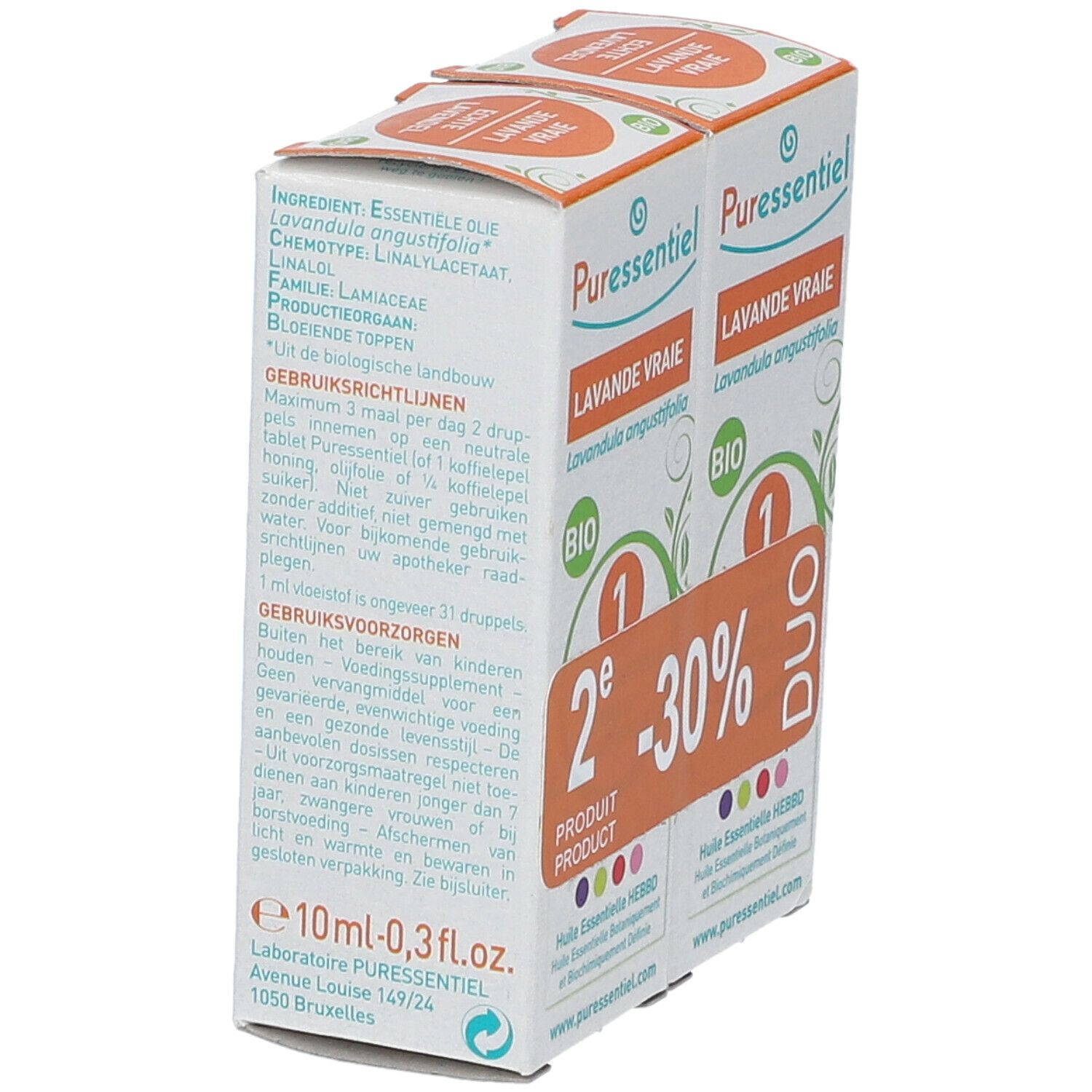 Deux boîtes "Lavande Vraie" avec logo "BIO". Ingrédients et mode d'emploi imprimés. "10ml-0,3fl.oz."