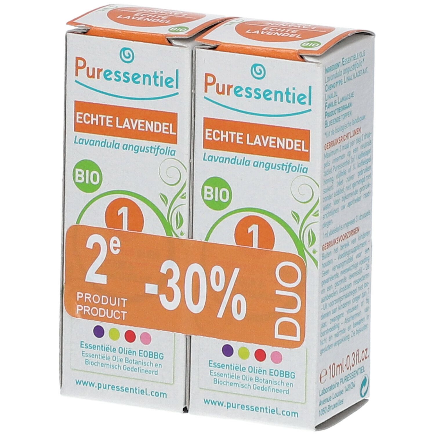 Deux boîtes "Echte Lavendel" avec logo "BIO". Autocollant orange "2e -30%" et "DUO".