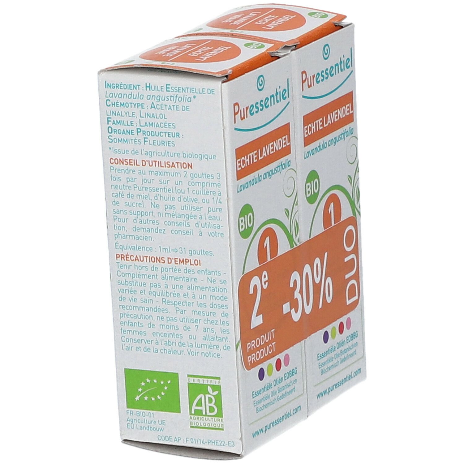 Deux boîtes "Echte Lavendel" avec logo "BIO". Ingrédients et mode d'emploi imprimés. Label AB.