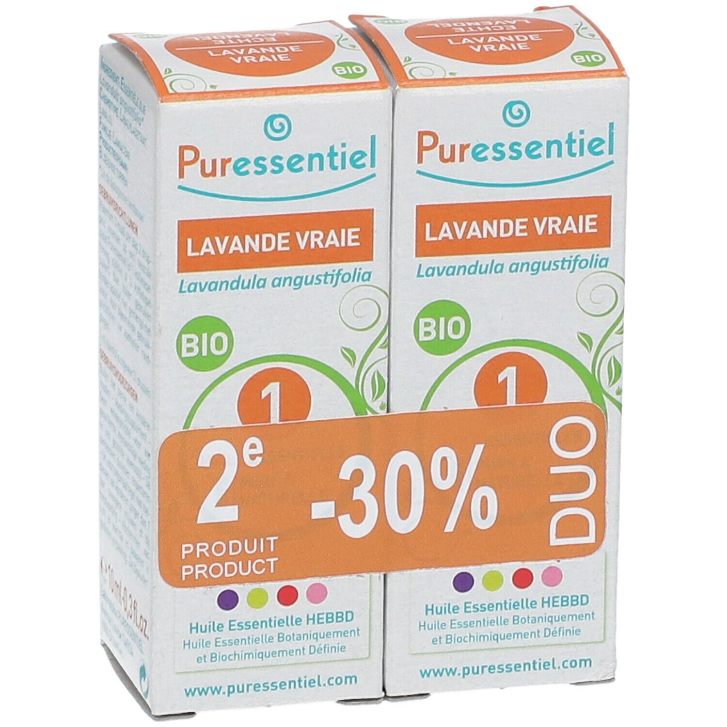 Deux boîtes "Lavande Vraie" avec logo "BIO". Autocollant orange "2e -30%" et "DUO".