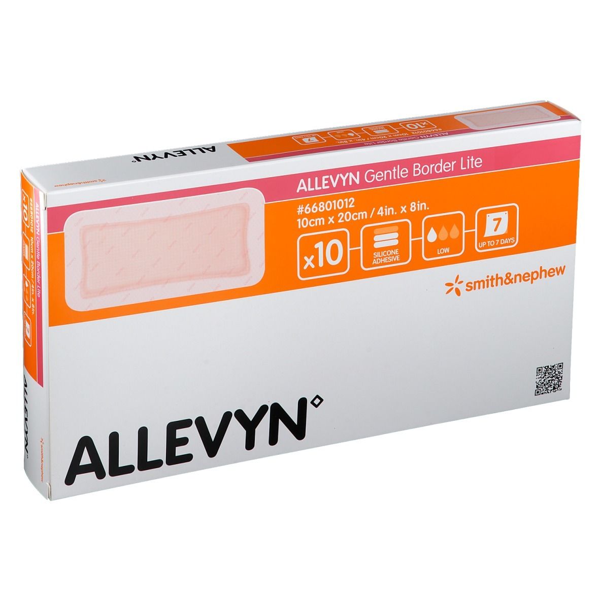 Boîte Allevyn Gentle Border Lite. Présente un exemple de produit, taille, quantité et logos.