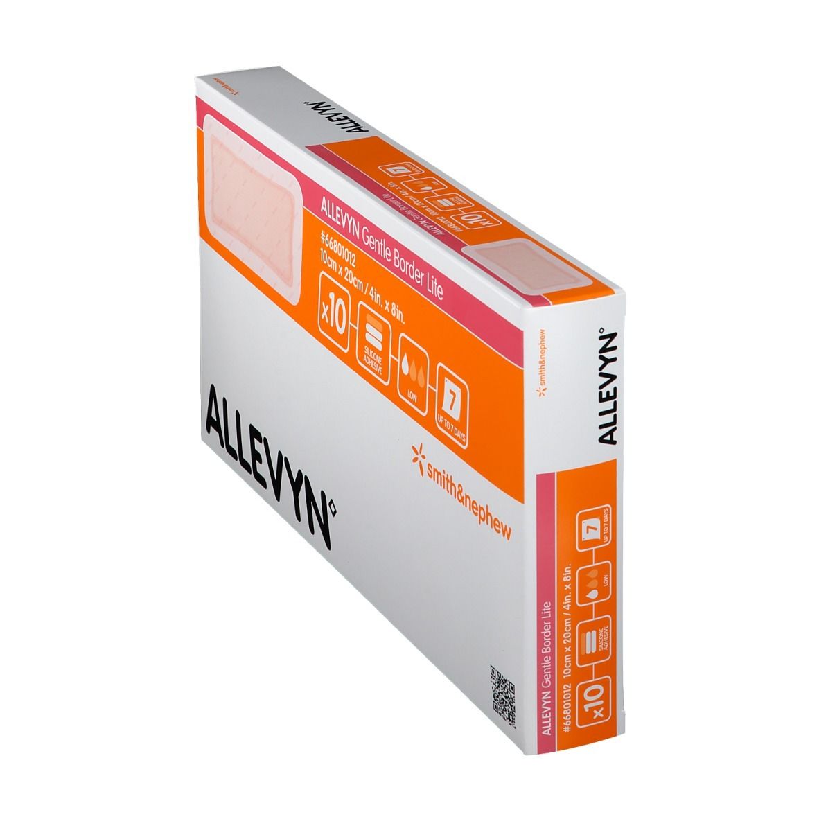 Boîte Allevyn Gentle Border Lite en biais. Montre exemple produit, taille, quantité et logos.