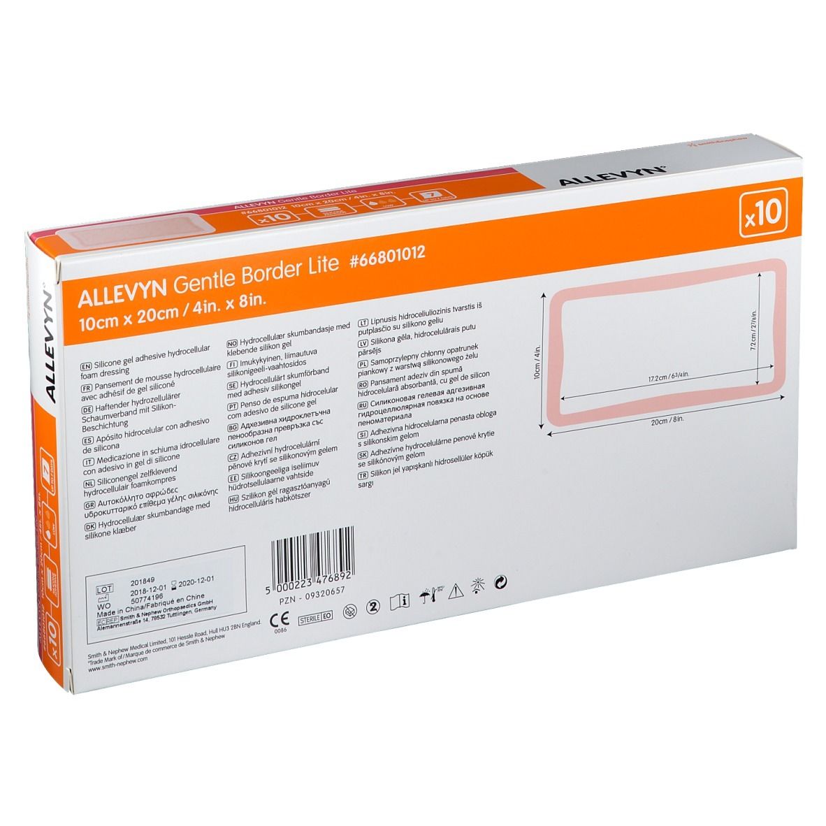 Dos de la boîte Allevyn Gentle Border Lite. Affiche informations produit, taille et logos.